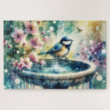 Frühling-Vogelbad-Wasserfarbe