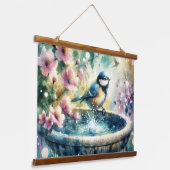 Frühling-Vogelbad-Wasserfarbe Wandteppich Mit Holzrahmen (Gewinkelt)