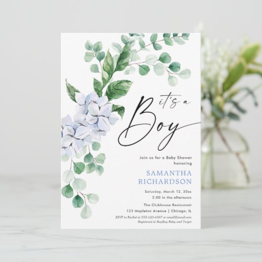 Frühlingblaue Blumengrün Kinderdusche Einladung (Stehend Vorderseite)