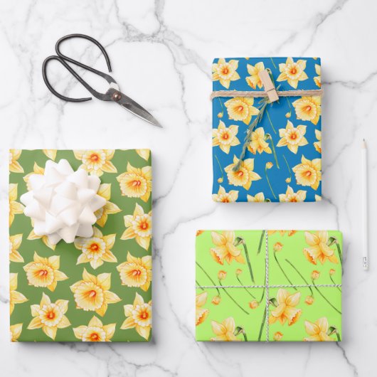 Frühlinggelbe Daffodin Blumengrün Blau Geschenkpapier Set (Vorderseite)