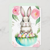 Frühlinggrün Rosa Blume Bunny Osterfrühlingeier Einladung (Vorne/Hinten)
