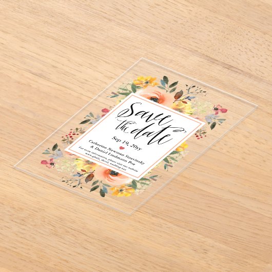 Frühlingorange Gelbe Flora Save the Date Acryleinladungen (Ablage )