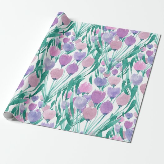 Frühlingrosa Lila Tulip Floral Wasserfarbe Geschenkpapier (Ungerollt)
