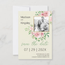 Frühlingrosa und Gelbblüten Save the Date Foto