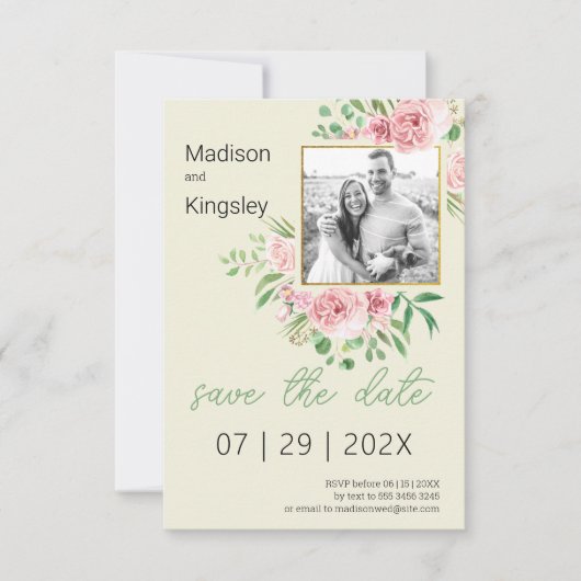 Frühlingrosa und Gelbblüten Save the Date Foto (Vorderseite)