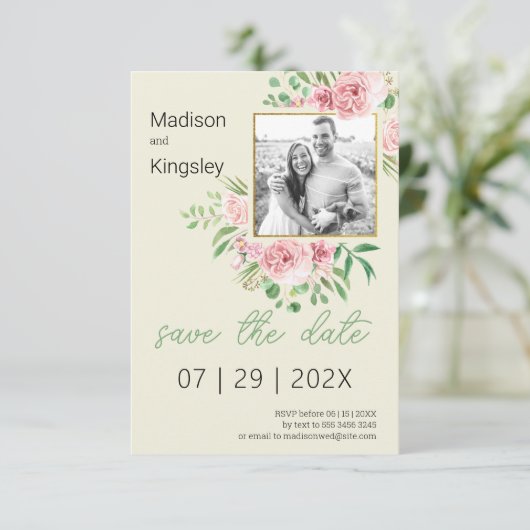 Frühlingrosa und Gelbblüten Save the Date Foto (Stehend Vorderseite)