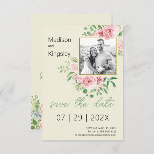 Frühlingrosa und Gelbblüten Save the Date Foto (Vorne/Hinten)