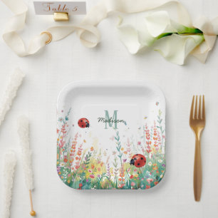 Frühlings-Aquarell-Marienkäfer-Blumen-Monogramm Wi Pappteller