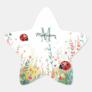 Frühlings-Aquarell-Marienkäfer-Blumen-Monogramm Wi Stern-Aufkleber