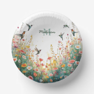 Frühlings-Aquarell-Vögel-Blumen-Monogramm Wildblum Pappteller