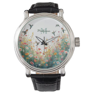Frühlings-Aquarell-Vögel Florales Monogramm Wildbl Armbanduhr