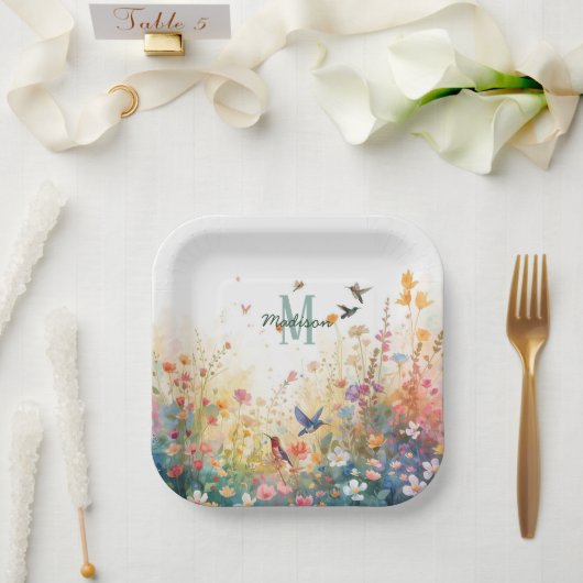 Frühlings-Aquarell-Vögel Florales Monogramm Wildbl Pappteller (Hochzeit)
