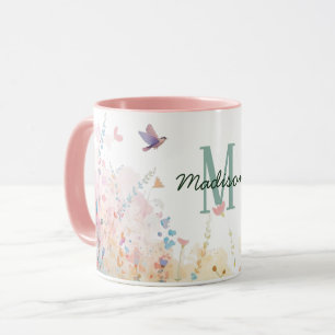 Frühlings-Aquarell-Vögel Florales Monogramm Wildbl Tasse