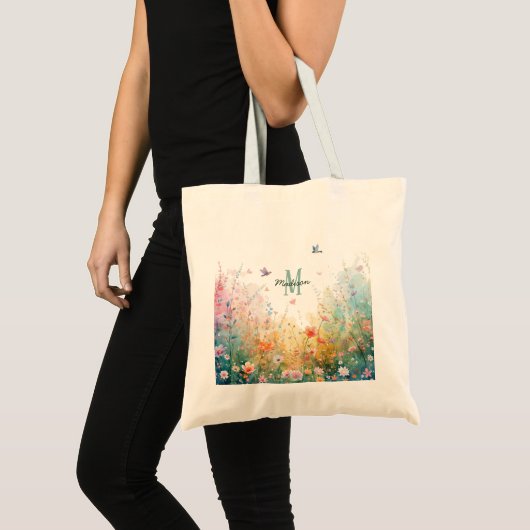 Frühlings-Aquarell-Vögel Florales Monogramm Wildbl Tragetasche (Vorderseite (Produkt))