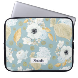 Frühlings-blaues u. weißes Blumenmuster-Monogramm Laptopschutzhülle