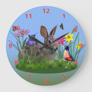 Frühlings-Blumen, Robin und Häschen-Kaninchen Große Wanduhr