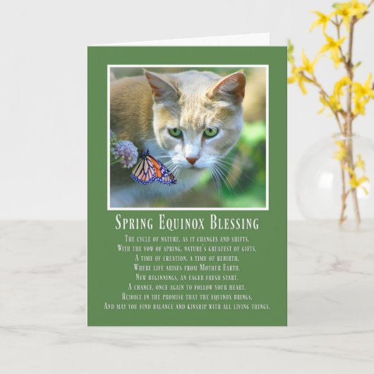 Frühlings-Equinox-Ostara-Katze und Schmetterling Karte (Gelbe Blume)
