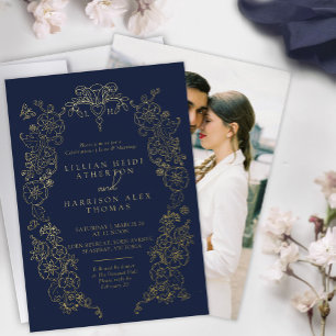 Frühlings-Fleur-de-lis-Hochzeit dunkelblau Gold Folieneinladung