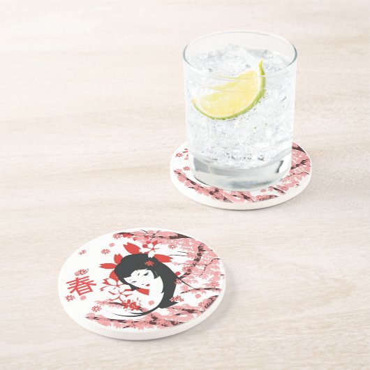 Frühlings-Geisha Sandstein Untersetzer (Seite)