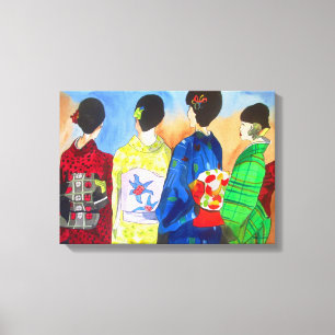 Frühlings-Kimono-japanische Geisha-Aquarellkunst Leinwanddruck