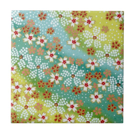 Frühlings-Kirschblüte-Kirschblüte blaues gelbes Fliese (Vorderseite)