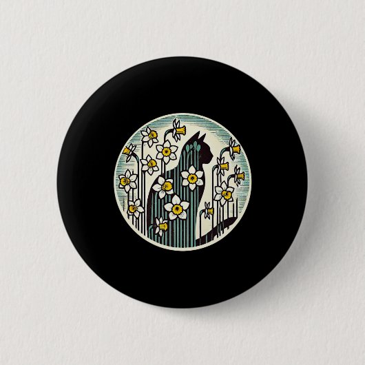 Frühlings-Kitty-Katze-Illustration Osterglocken-Ka Button (Vorderseite)