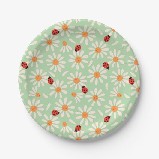 Frühlings-Marienkäfer und Gänseblümchen Pappteller (Vorderseite)