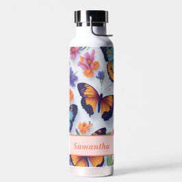 Frühlings-mehrfarbige Schmetterlinge und Blume Trinkflasche