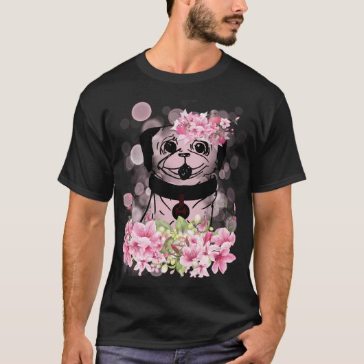 Frühlings-Mops, Frühlings-Mops mit rosa Blüten, ro T-Shirt (Vorderseite)