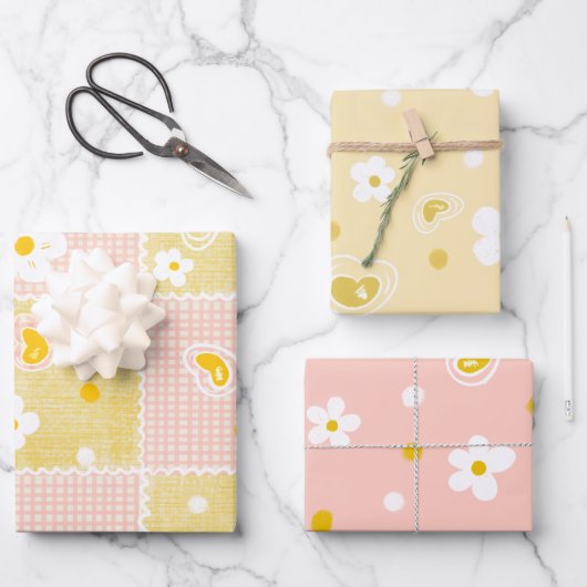 Frühlings-Pastell-Blumen & Herzen Geschenkpapier Set (Vorderseite)