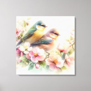 Frühlings-Pastell-Süße-Liebesvögel-Blüten-Blumen Leinwanddruck