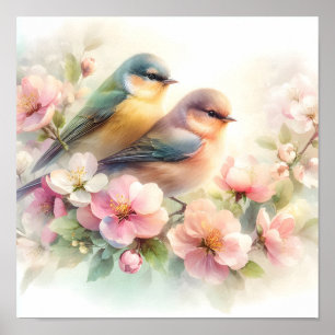 Frühlings-Pastell-Süße-Liebesvögel-Blüten-Blumen Poster