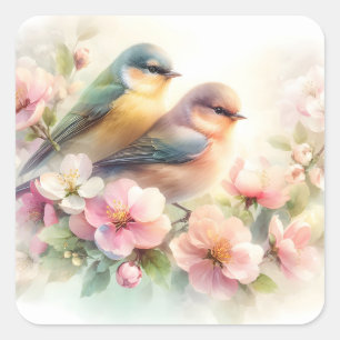 Frühlings-Pastell-Süße-Liebesvögel-Blüten-Blumen Quadratischer Aufkleber