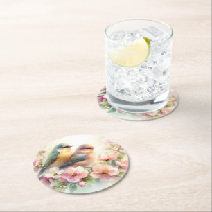 Frühlings-Pastell-Süße-Liebesvögel-Blüten-Blumen Runder Pappuntersetzer