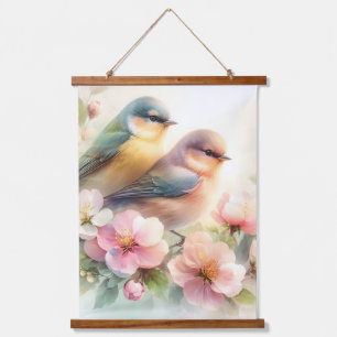 Frühlings-Pastell-Süße-Liebesvögel-Blüten-Blumen Wandteppich Mit Holzrahmen