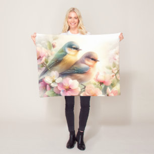 Frühlings-Pastell-Süße-Liebesvögel-Blüten Fleecedecke