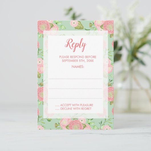 Frühlings Ranunculus Mint Floral Hochzeitskarten RSVP Karte (Stehend Vorderseite)