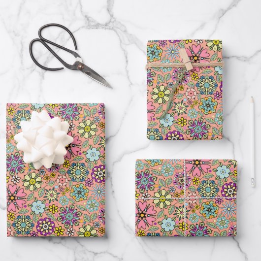 Frühlings-Retro-Blumenfarben Nahtloses Muster Geschenkpapier Set (Vorderseite)
