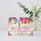 Frühlings-rosa hölzerne mit Blumentypographie Save Ankündigungspostkarte (Stehend Vorderseite)