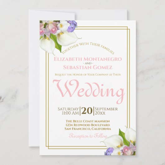 Frühlings-Rose & Calla Lilies Hochzeit in Gold und Einladung (Vorderseite)