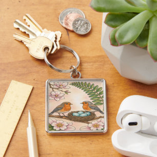 Frühlings-Rotkehlchen-Nest & Magnolie Botanisches Schlüsselanhänger