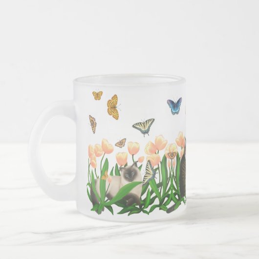 Frühlings-Schmetterlings-Garten-Katzen-Tasse Mattglastasse (Links)
