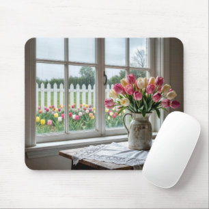 Frühlings-Tulpenstrauß am regnerischen Fenster Mousepad