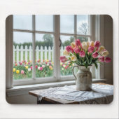 Frühlings-Tulpenstrauß am regnerischen Fenster Mousepad (Vorne)