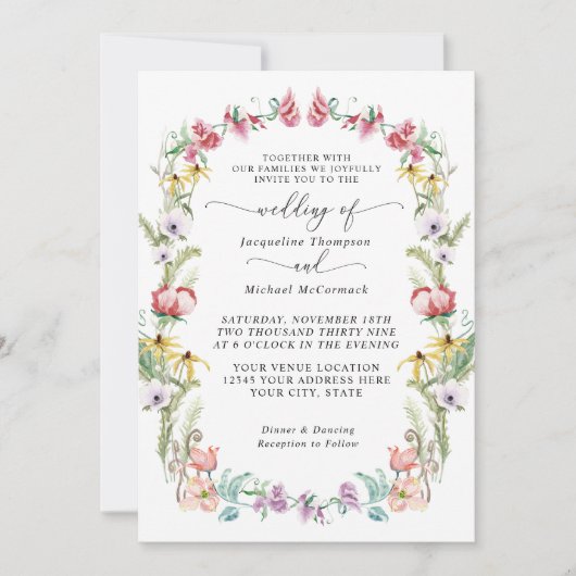 Frühlings-Wildblume Wreath Moderne Blumentypografi Einladung (Vorderseite)