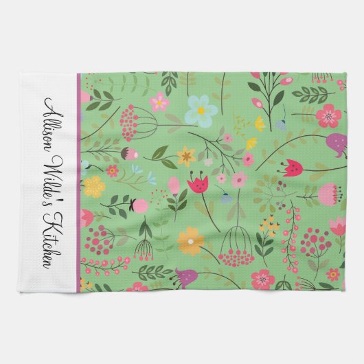 Frühlings-Wildblumen Florals auf Sage Personalisie Geschirrtuch (Horizontal)