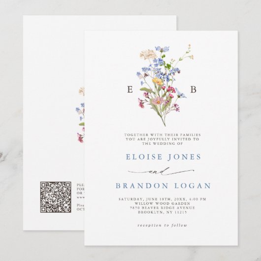 Frühlings-Wildblumenwiese-Garten-QR-Code-Hochzeit Einladung (Vorne/Hinten)
