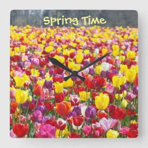 Frühlings-Zeitwanduhren dekorative Tulpe-Blumen Quadratische Wanduhr