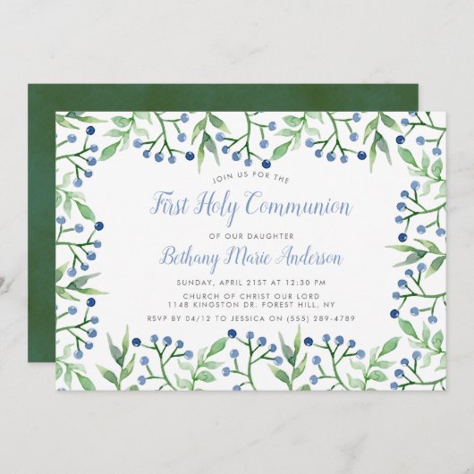 Frühlingsbeeren Heilige Kommunion oder Bestätigung Einladung (Vorne/Hinten)