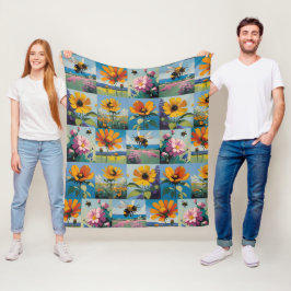 Frühlingsbienen und Wildblumen Patchwork Fleecedecke